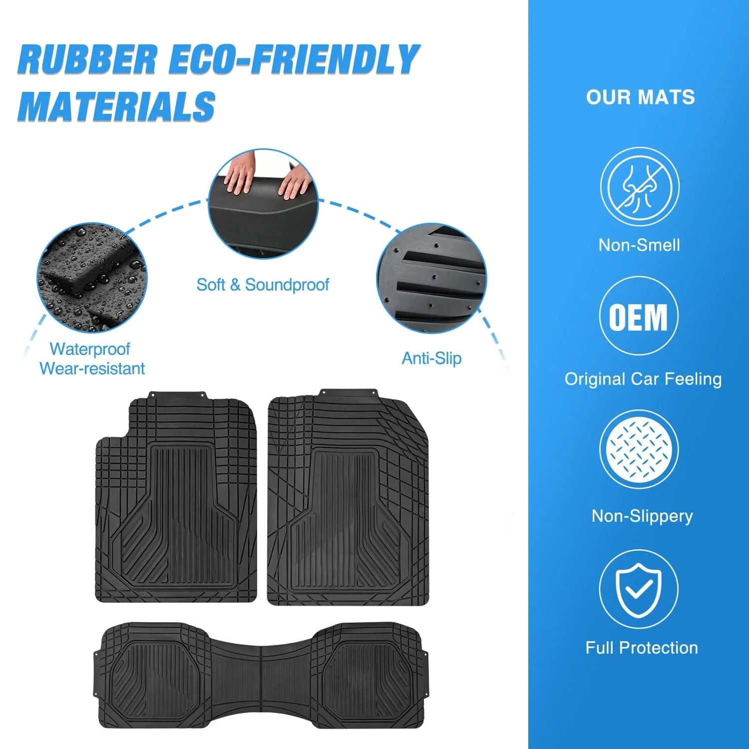 3Pcs Rubber Cargo Mats Universal Trim to fit Most Vehicles