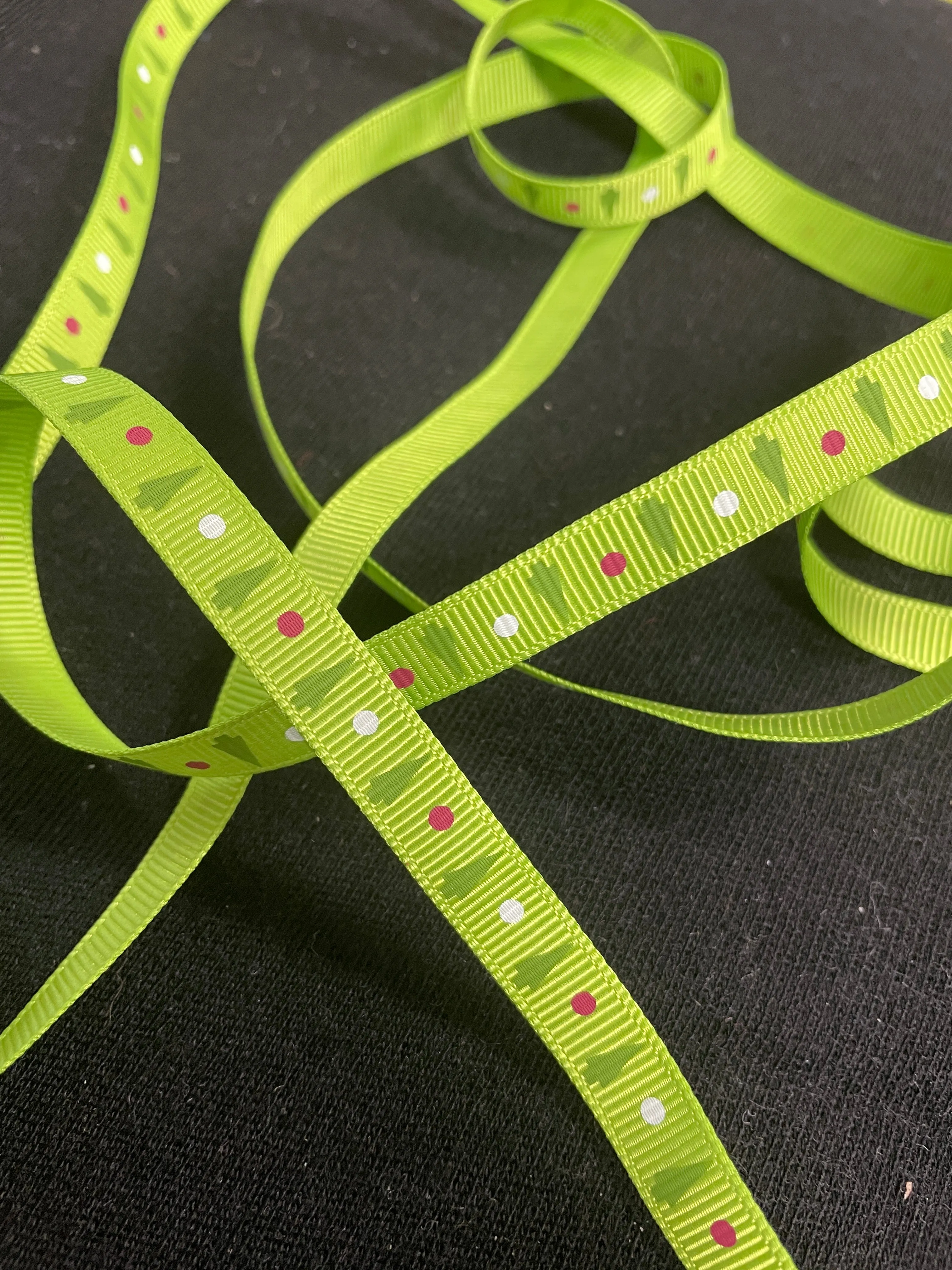 6 1/4 YD Polyester Grosgrain Ribbon Printed - Bright Green with Green Christmas Trees and Polka Dots