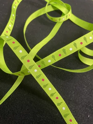 6 1/4 YD Polyester Grosgrain Ribbon Printed - Bright Green with Green Christmas Trees and Polka Dots