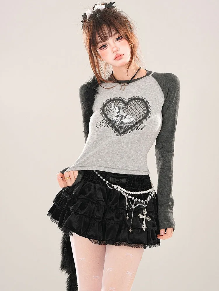 Black/Grey Heart Print Colorblock Close-fit T-shirt