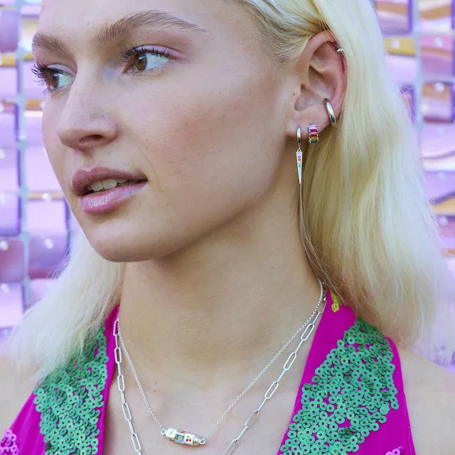 Rainbow Baguette Huggie Earrings - Silver - SPS-67