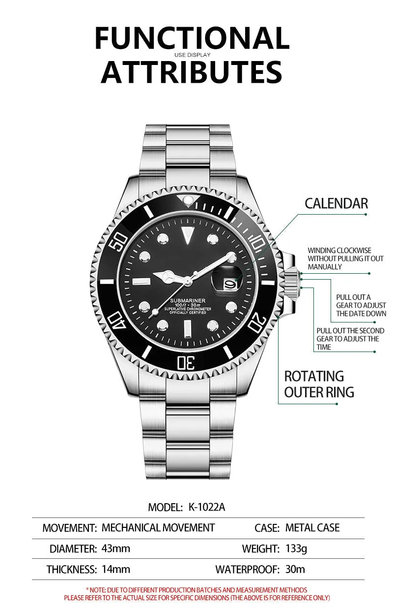 watch luminous automatic wrist mechanical mens watch with date